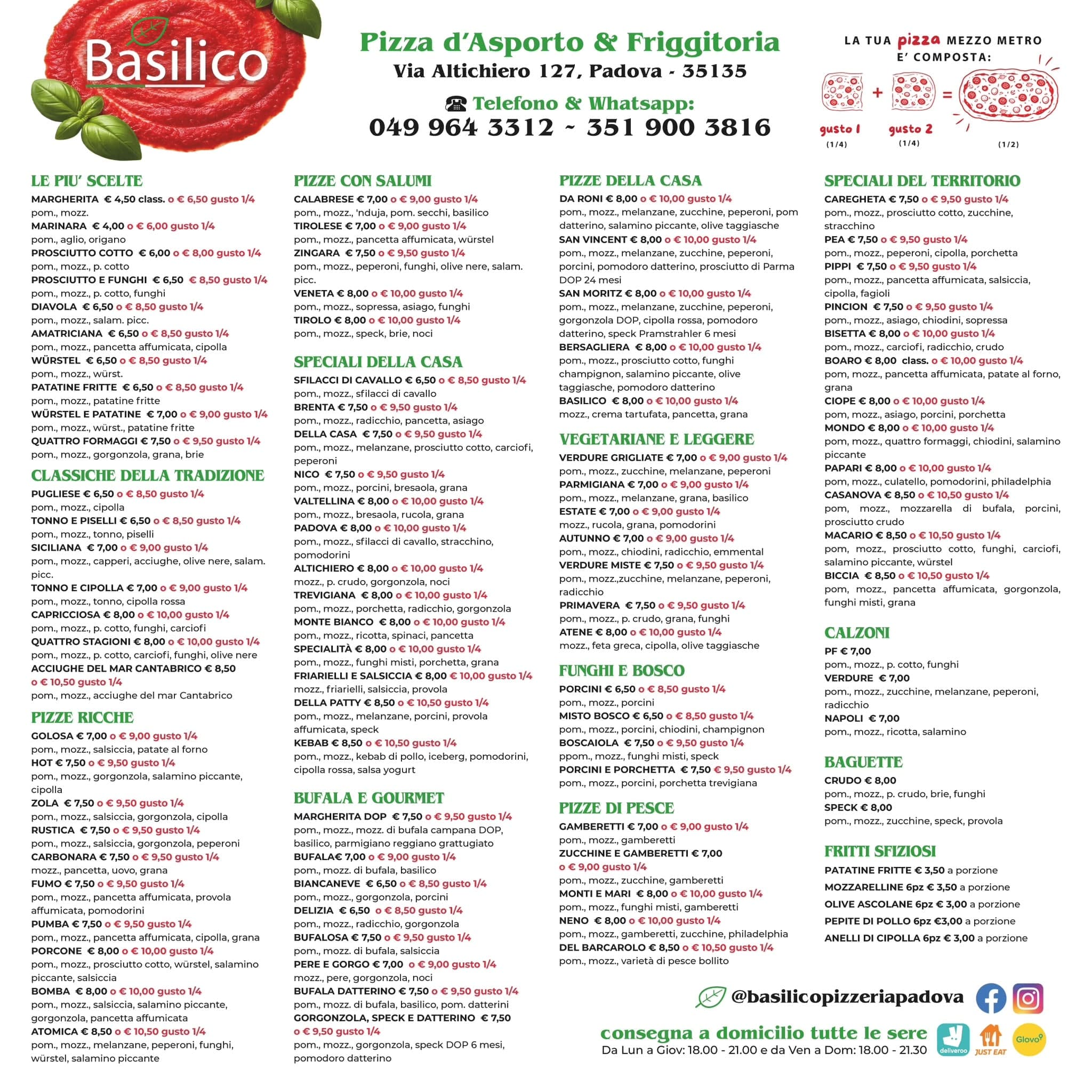 Listino cartaceo di Basilico, Via Altichiero 127 Padova: tutte le pizze, i calzoni e i fritti con i prezzi